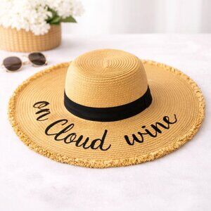 NWT Floppy Paper Weaved Sun Hat Embroidered w/ On Cloud Wine on the brim